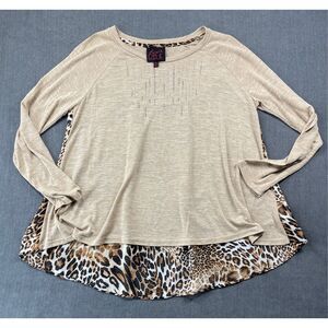 Women’s Long Sleeve Top Leopard Print Back Rhinestone Detail Blouse Size M Beige